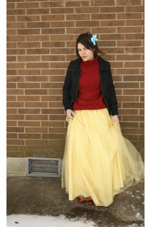  Sweater Dress on Jacket   Brick Red Thrifted Sweater   Yellow Dress As Skirt Windsor Sk