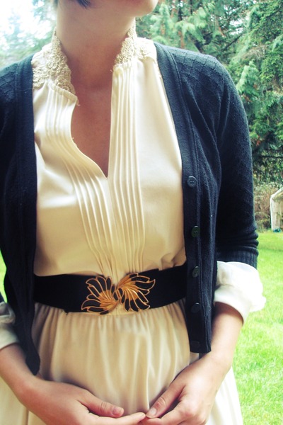 eggshell thrifted vintage dress - black Goodwill cardigan - black Goodwill belt 