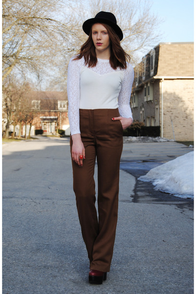 brown flared Zara pants - brick red platform Jeffrey Campbell boots