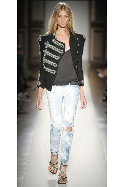 Balmain Distressed Blue Jeans Balmain Military Black Jacket Balmain Gray Top Balmain Pyramid Stud Sequin Sandals Black Shoes Balmain Leather Black Belt