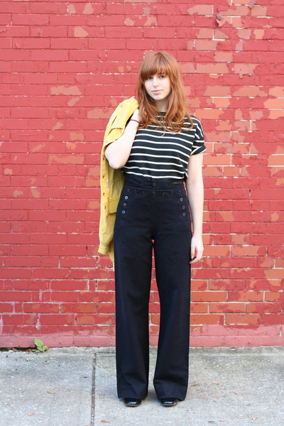 yellow vintage 70s jacket - black stripe thrifted top - navy sailor vintage pant