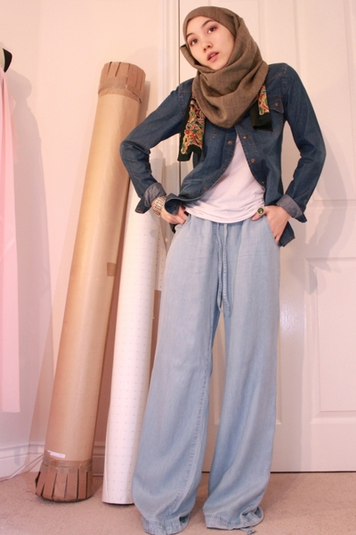 blue asos shirt - blue H&M jeans - green Moroccan market scarf - orange vintage