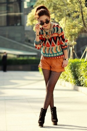 black cross bracelet - red sweater - light orange leather Viparo shorts