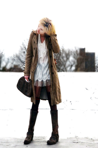 dark khaki trench gryphon coat - dark brown knee high Frye boots